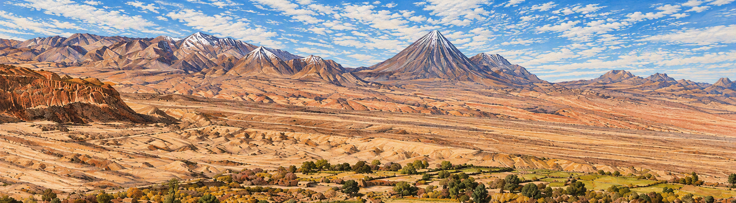 Ilustración del territorio: volcán, cordillera y valle